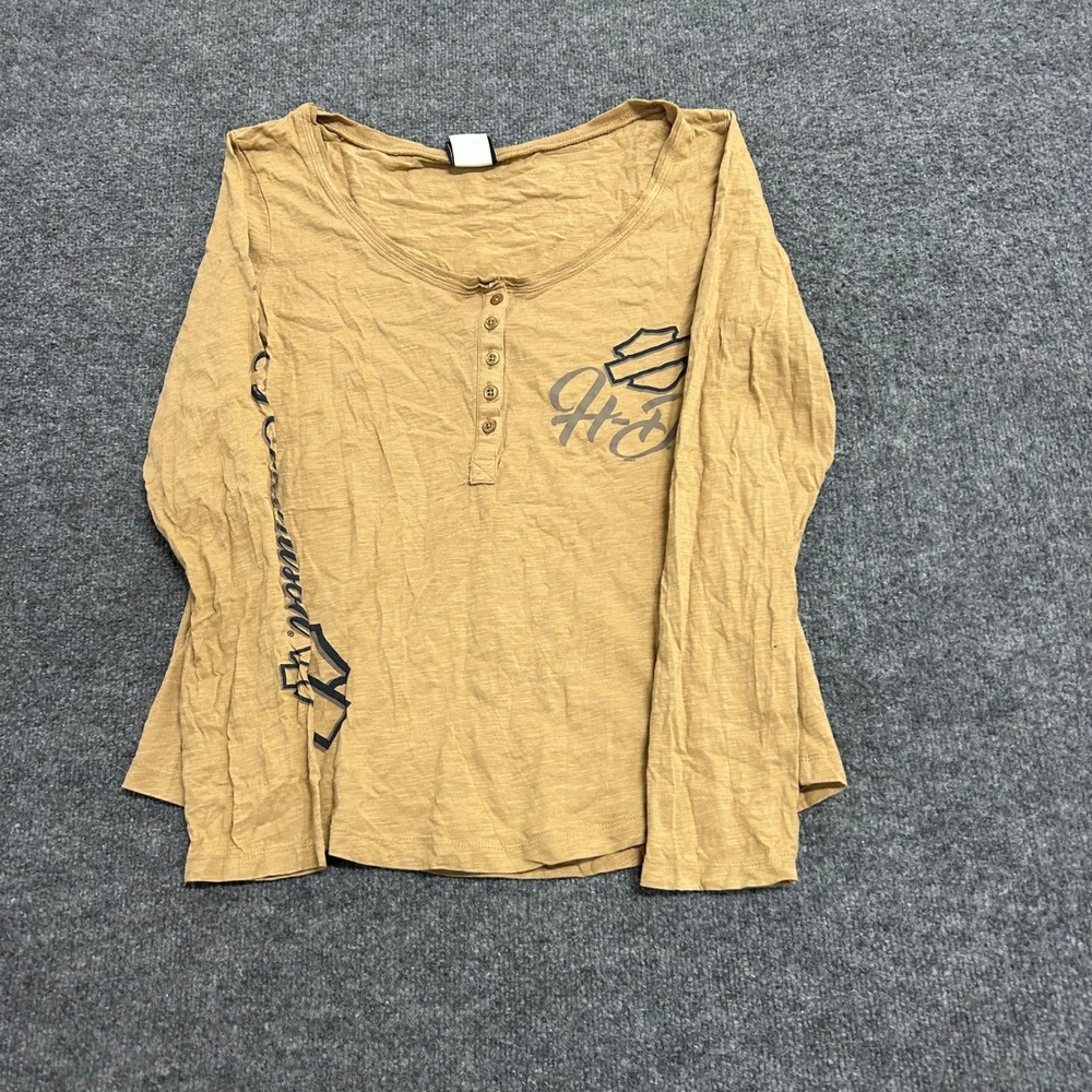 Harley-Davidson Henley Womens Size 2XL Tan Cotton Long Sleeve Graphic Biker Tee